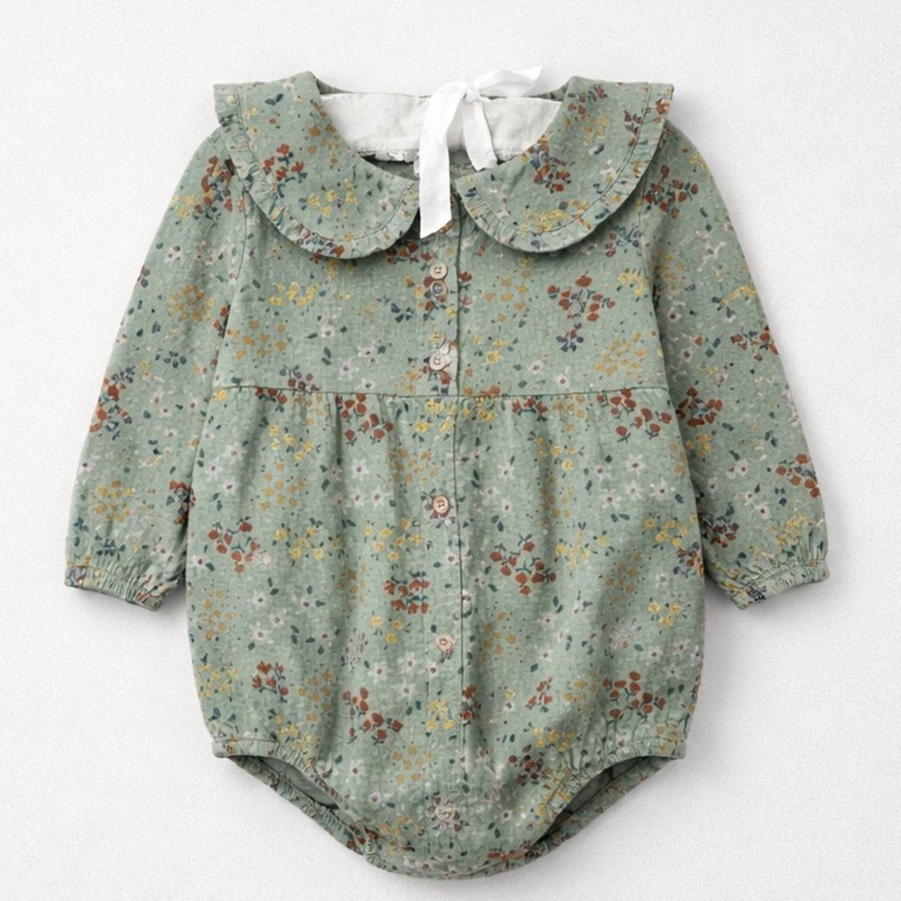 Little Co sage green floral organic cotton long sleeve bubble romper size 12 m